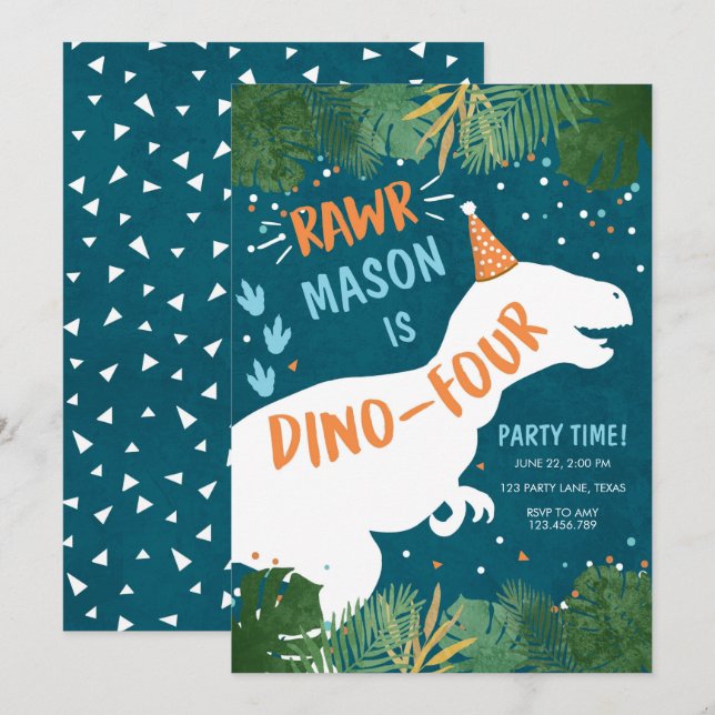 Invitation Dinosaur Dino-Four RAWR 4e anniversaire (Devant / Derrière)