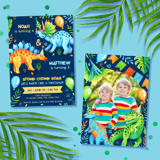 Invitation Dinosaur Double Celebration Boys Birthday Photo
