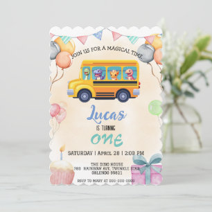 Invitation Dinosaur drôle Retour à l'école Bus garçon Anniver