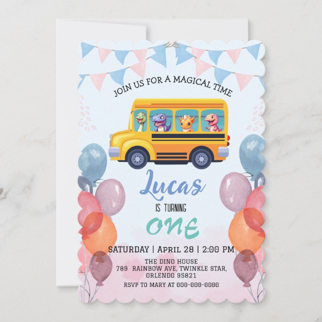 Invitation Dinosaur drôle Retour à l'école Bus garçon Anniver (Devant)