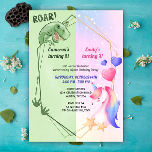 Invitation Dinosaur Et Unicorn Joint Boy Girl Birthday Party