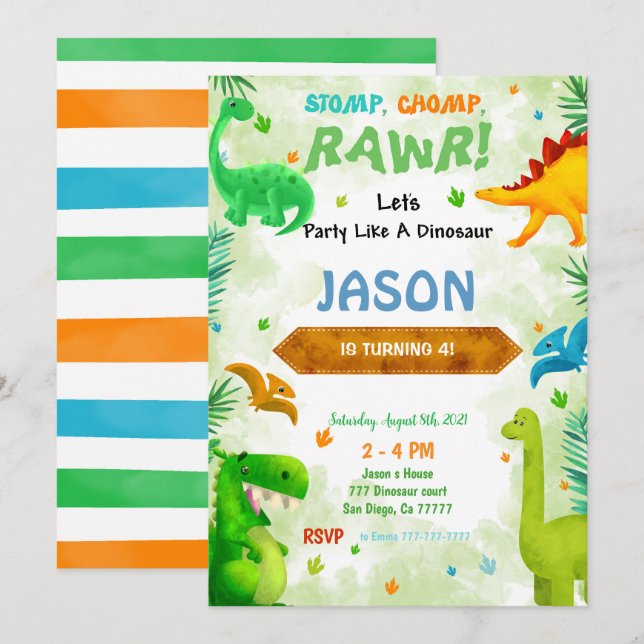 Invitation Dinosaur fête d'anniversaire (Devant / Derrière)