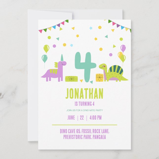 Invitation Dinosaur fête d'anniversaire Pastel Enfants 4e ann (Devant)