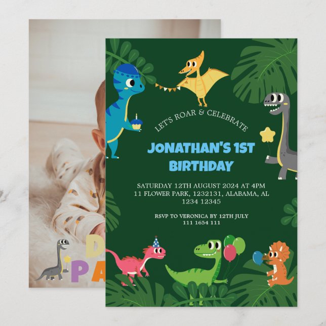 Invitation Dinosaur fête d'anniversaire premier anniversaire  (Devant / Derrière)