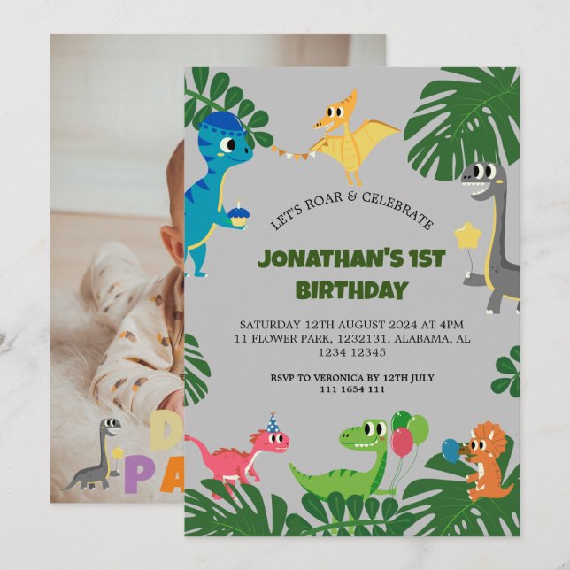 Invitation Dinosaur fête d'anniversaire premier anniversaire  (Devant / Derrière)