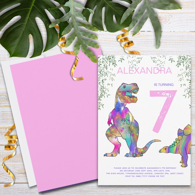 Invitation Dinosaur filles Anniversaire fête rose (Colorful Dinosaur girls birthday party invitation with T-Rex and stegosaurus pink purple blue green)