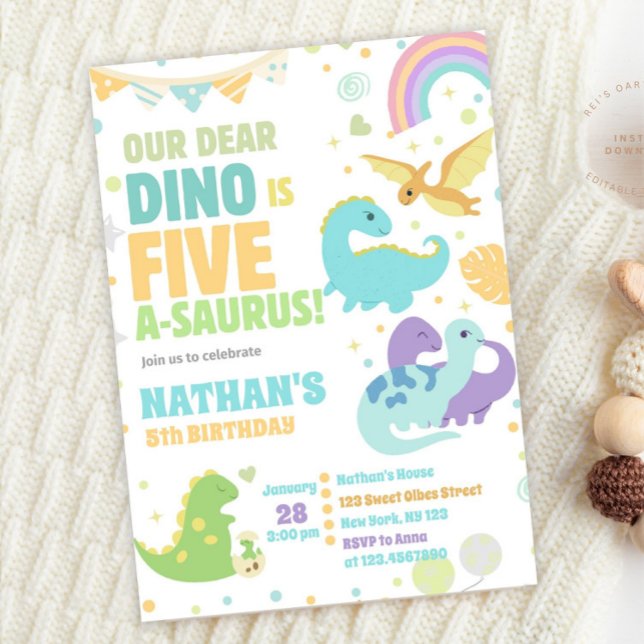 Invitation Dinosaur Five-A-Saurus 5e Anniversaire Pastel (Créateur téléchargé)