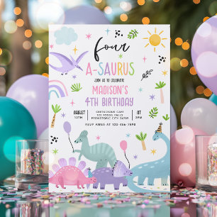 Invitation Dinosaur Four-A-Saurs Pink 4ème anniversaire
