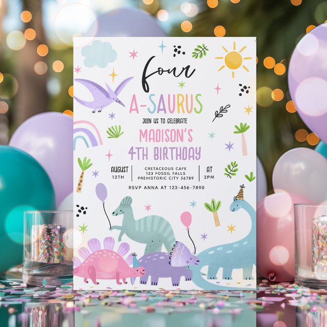 Invitation Dinosaur Four-A-Saurs Pink 4ème anniversaire (Créateur téléchargé)
