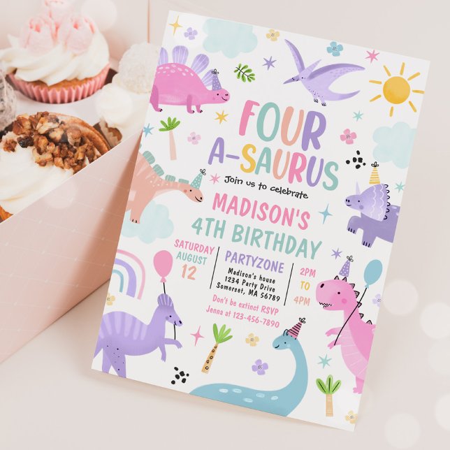 Invitation Dinosaur Four-A-Saurus 4e fête d'anniversaire (Créateur téléchargé)