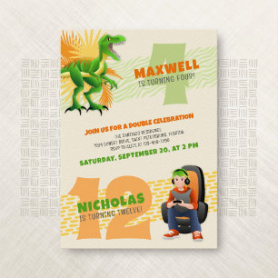 Invitation Dinosaur Gamer Joint Double Anniversaire Invitatio