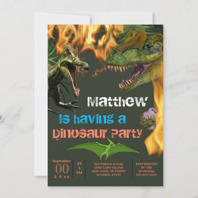 Invitation Dinosaur garçons thème fête d'anniversaire t-rex f (Devant)