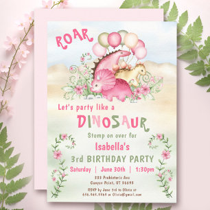 Invitation Dinosaur Girl Pink Pastel Cute Floral 1er Annivers