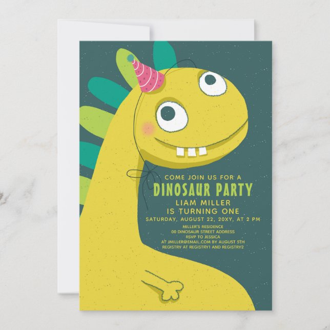 Invitation Dinosaur Green Fun mignon Enfants simples 1er anni (Devant)