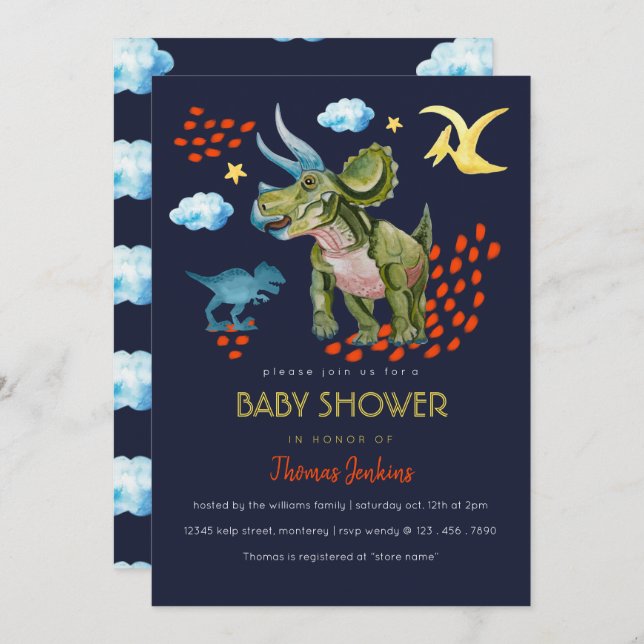 Invitation Dinosaur in watercolor Baby Shower invite (Devant / Derrière)