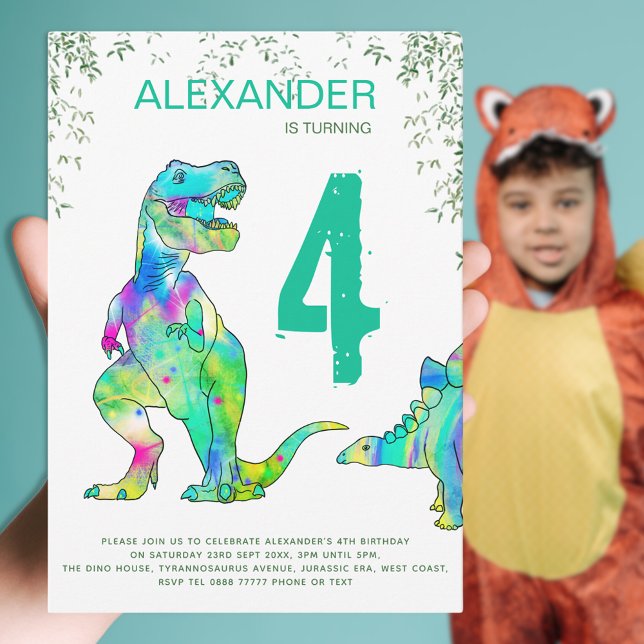 Invitation Dinosaur jungle 4ème anniversaire (Dinosaur T-Rex 4th birthday party party colorful dino Jurassic jungle watercolor green and blue)