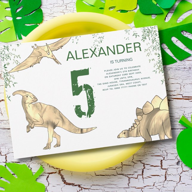 Invitation Dinosaur jungle 5ème anniversaire (Dinosaur jungle 5th birthday party invitation pterodactyl stegosaurus and parasaurolophus)