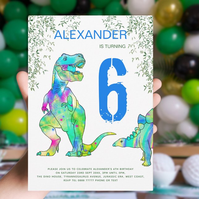 Invitation Dinosaur jungle 6e anniversaire fête bleue Invitat (Colorful dinosaur 6th birthday party with Jurassic jungle foliage and T-Rex and stegosaurus )
