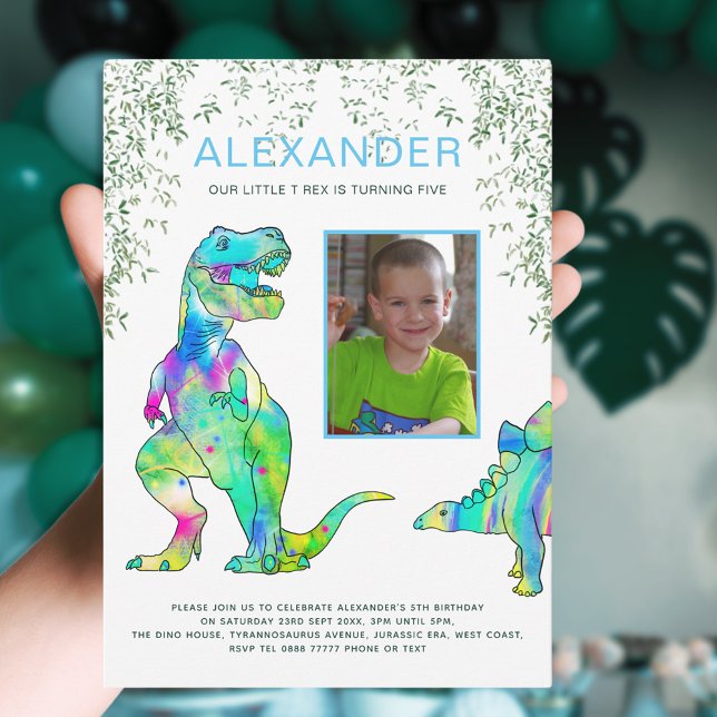 Invitation Dinosaur Jungle Anniversaire Photo (Dinosaur Jungle Photo Template 5th birthday party invitation with colorful T-Rex and stegosaurus )