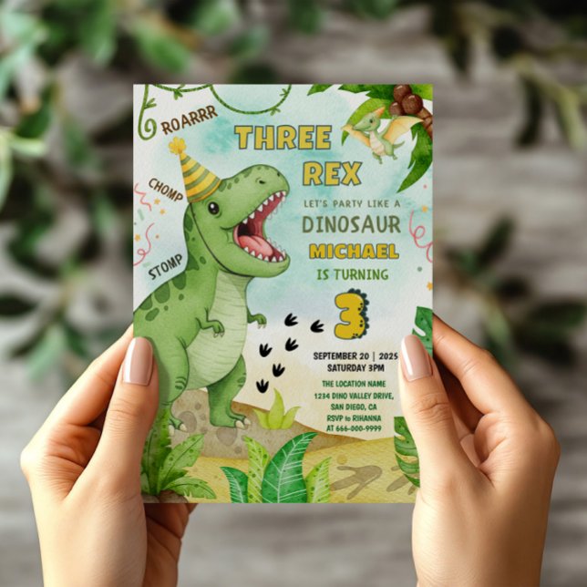 Invitation Dinosaur Jurassic Trois Rex 3e fête d'anniversaire (Dinosaur Three Rex 3rd Birthday Party Invitation)