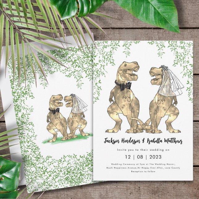 Invitation Dinosaur Mariage T-Rex Mariée et Salle de classe (T-Rex bride and groom dinosaur wedding invitation)