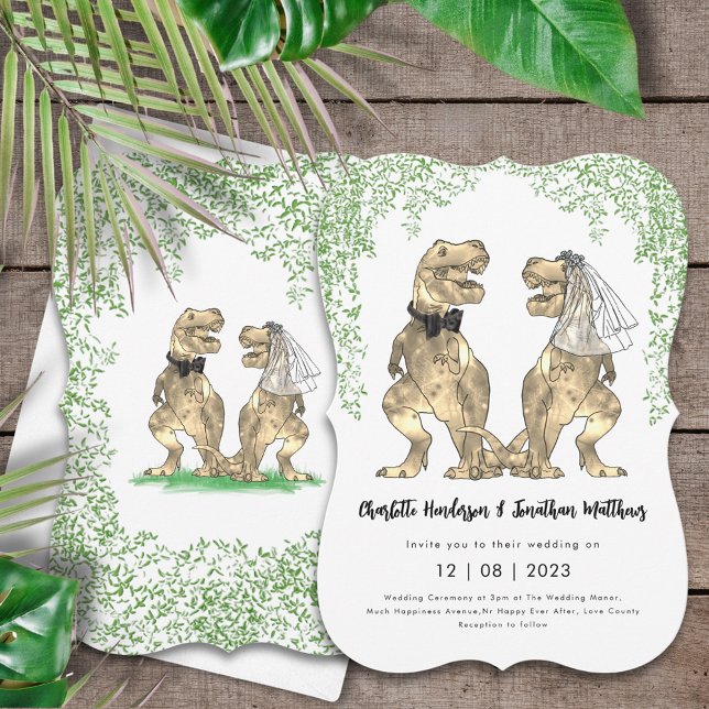 Invitation Dinosaur Mariage T-Rex Mariée et Salle de classe (Dinosaur themed wedding invitation with T-Rex bride and groom and Jurassic jungle foliage)