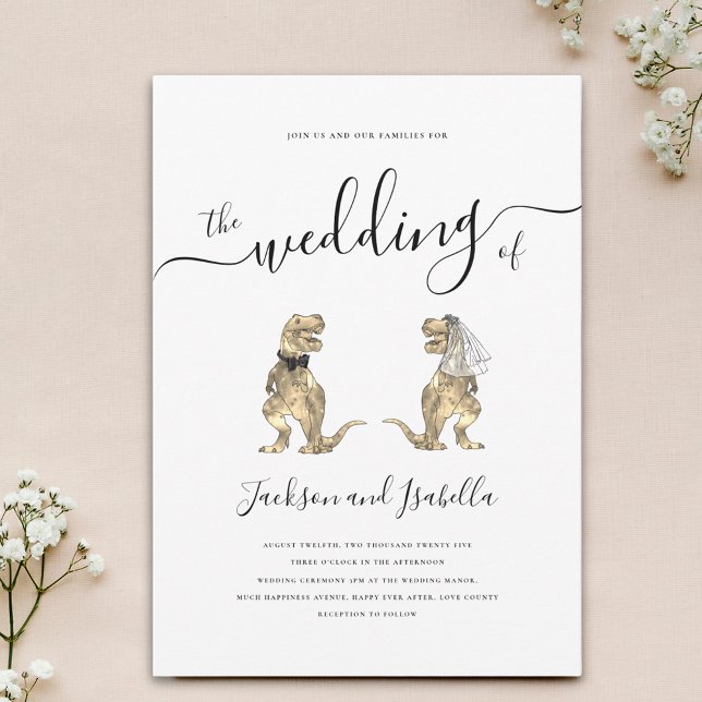 Invitation Dinosaur Mariage T-Rex Mariée et Salle de classe (Minimalist stylish Dinosaur theme wedding invitation with elegant script and T-Rex bride and groom)