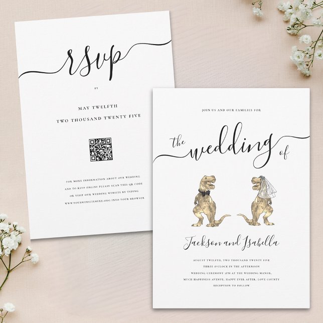 Invitation Dinosaur Mariage T-Rex Mariée et Salle de classe (Elegant script Dinosaur theme wedding invitation with wedding RSVP website qr code minimalist design)