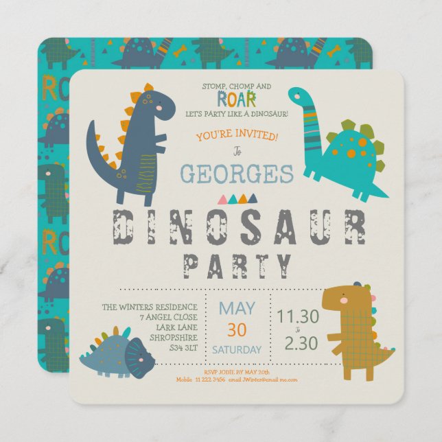 Invitation Dinosaur mignon moderne fête d'anniversaire (Devant / Derrière)