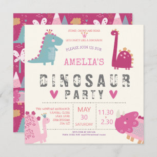 Invitation Dinosaur mignon rose moderne fête d'anniversaire