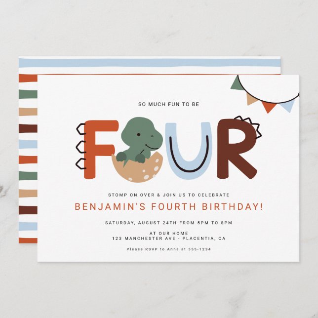 Invitation Dinosaur moderne 4e fête d'anniversaire (Devant / Derrière)