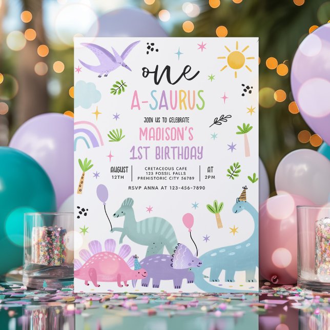 Invitation Dinosaur One-A-Saurs Pink T-Rex 1er Anniversaire (Créateur téléchargé)