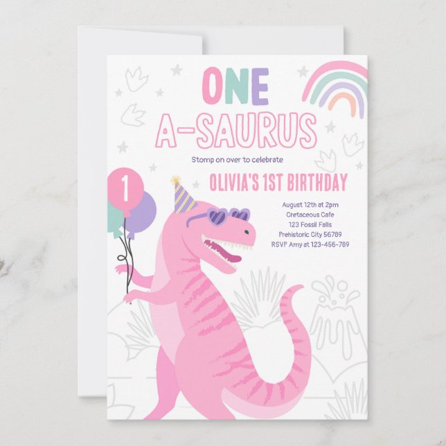 Invitation Dinosaur One A-Saurus 1er anniversaire fête T-Rex (Devant)