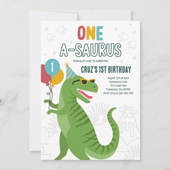 Invitation Dinosaur One A-Saurus 1er anniversaire fête T-Rex (Devant)