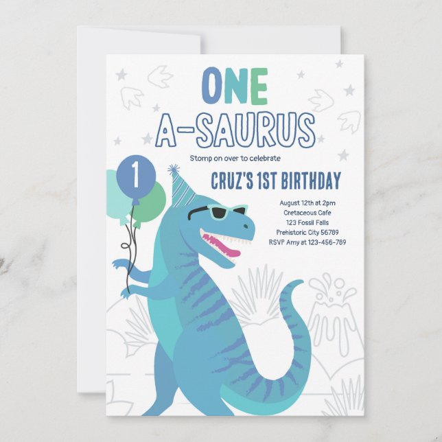 Invitation Dinosaur One A-Saurus 1er anniversaire fête T-Rex (Devant)