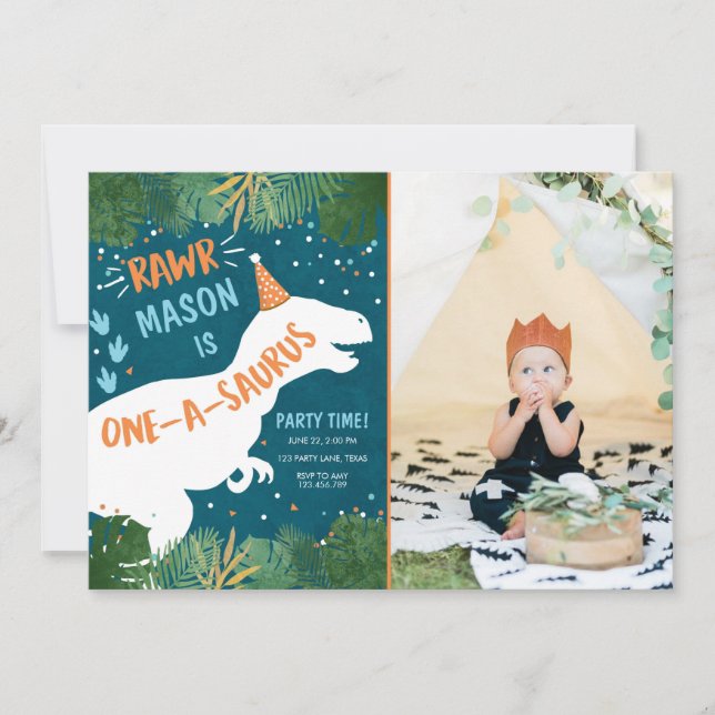 Invitation Dinosaur One-A-Saurus RAWR 1er Anniversaire (Devant)