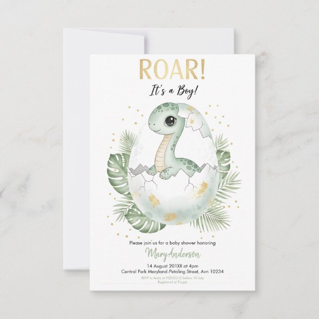 Invitation Dinosaur park Baby Shower party boy girl Roar (Devant)