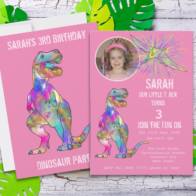 Invitation Dinosaur Party Girls 3e anniversaire Photo Pink Di (Girls dinosaur 3rd birthday party invitation with custom photo template. Colorful dino watercolor)