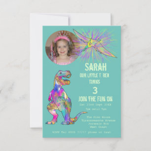 Invitation Dinosaur Party Girls 3ème anniversaire photo Turqu