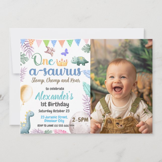 Invitation Dinosaur Photo 1er anniversaire One-A-Saurus Party (Devant)