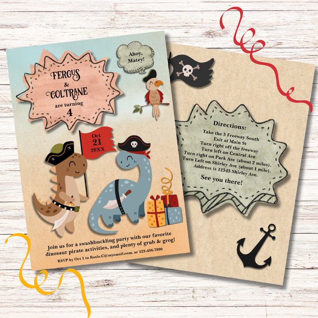 Invitation Dinosaur Pirate Twin Boys fête d'anniversaire Pers (Treat your twins to a Dino Pirate Birthday Party! TRex & Brontosaurus party in their pirate gear.)