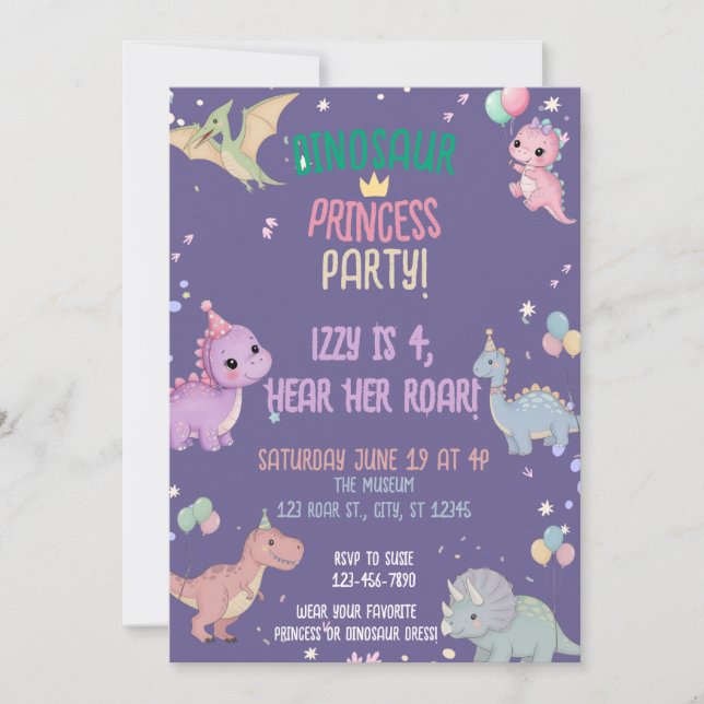 Invitation Dinosaur Princess Party 4e anniversaire (Devant)