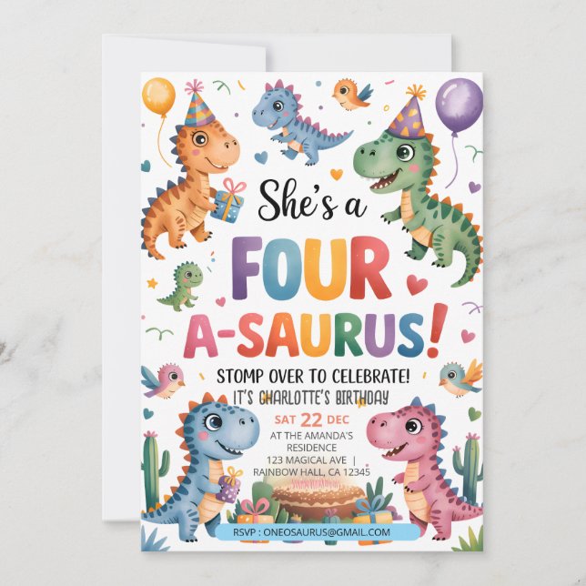 Invitation Dinosaur Quatre A-Saurus 4e fête d'anniversaire T- (Devant)