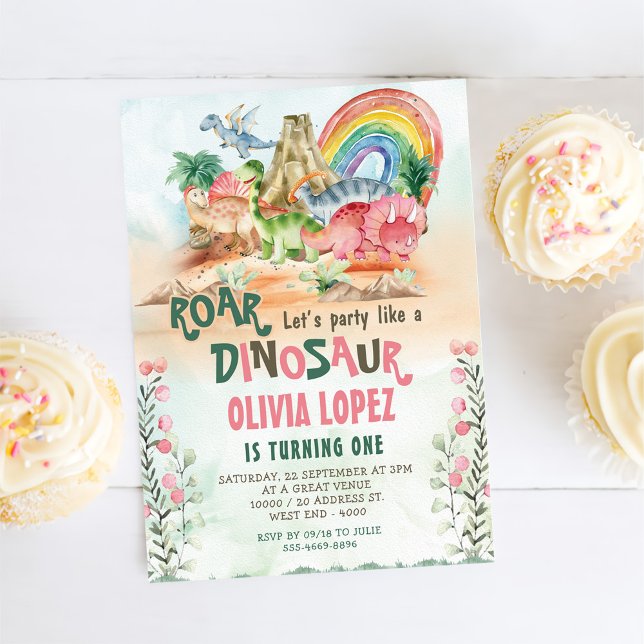 Invitation Dinosaur Roar 1er anniversaire Fille de fête (Créateur téléchargé)
