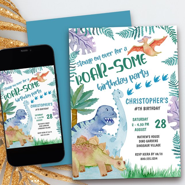 Invitation Dinosaur Roar-Quelques Fêtes d'Anniversaire Garçon (kids dinosaur birthday invitation -  invite your friends to stomp on over for a roar-some party)