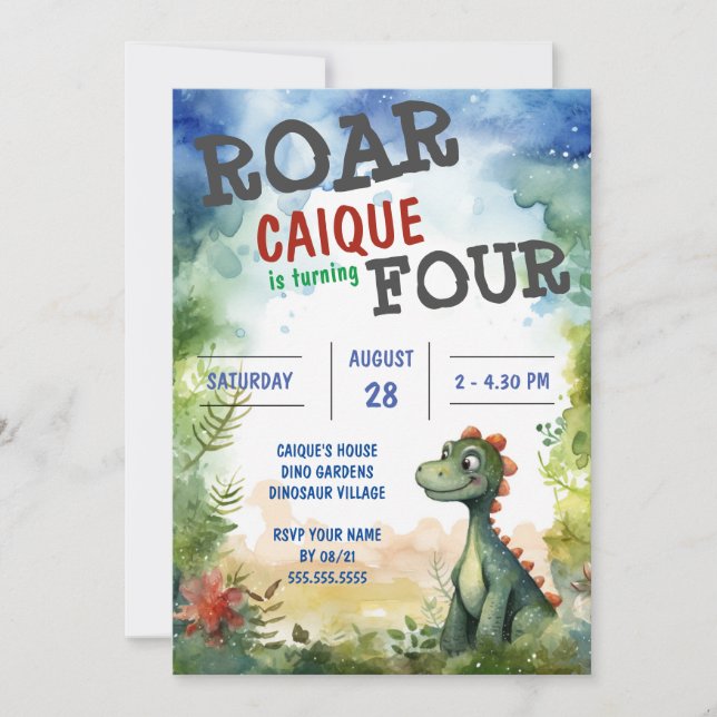 Invitation Dinosaur Roar tourne quatre garçons 4e anniversair (Devant)