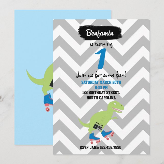 Invitation Dinosaur Roller Skating Radio Holding Anniversaire (Devant / Derrière)