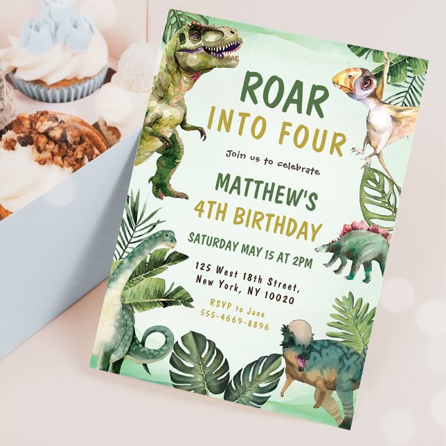 Invitation Dinosaur s'envole en quatre fête d'anniversaire (Créateur téléchargé)
