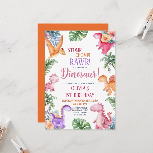 Invitation Dinosaur Stomp Chomp Rawer 1er anniversaire GIRL P (Devant/Arrière en situation)