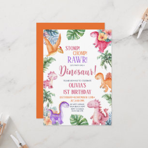 Invitation Dinosaur Stomp Chomp Rawer 1er anniversaire GIRL P